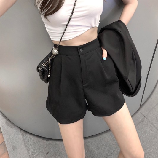 黑色高腰雪纺西装短裤